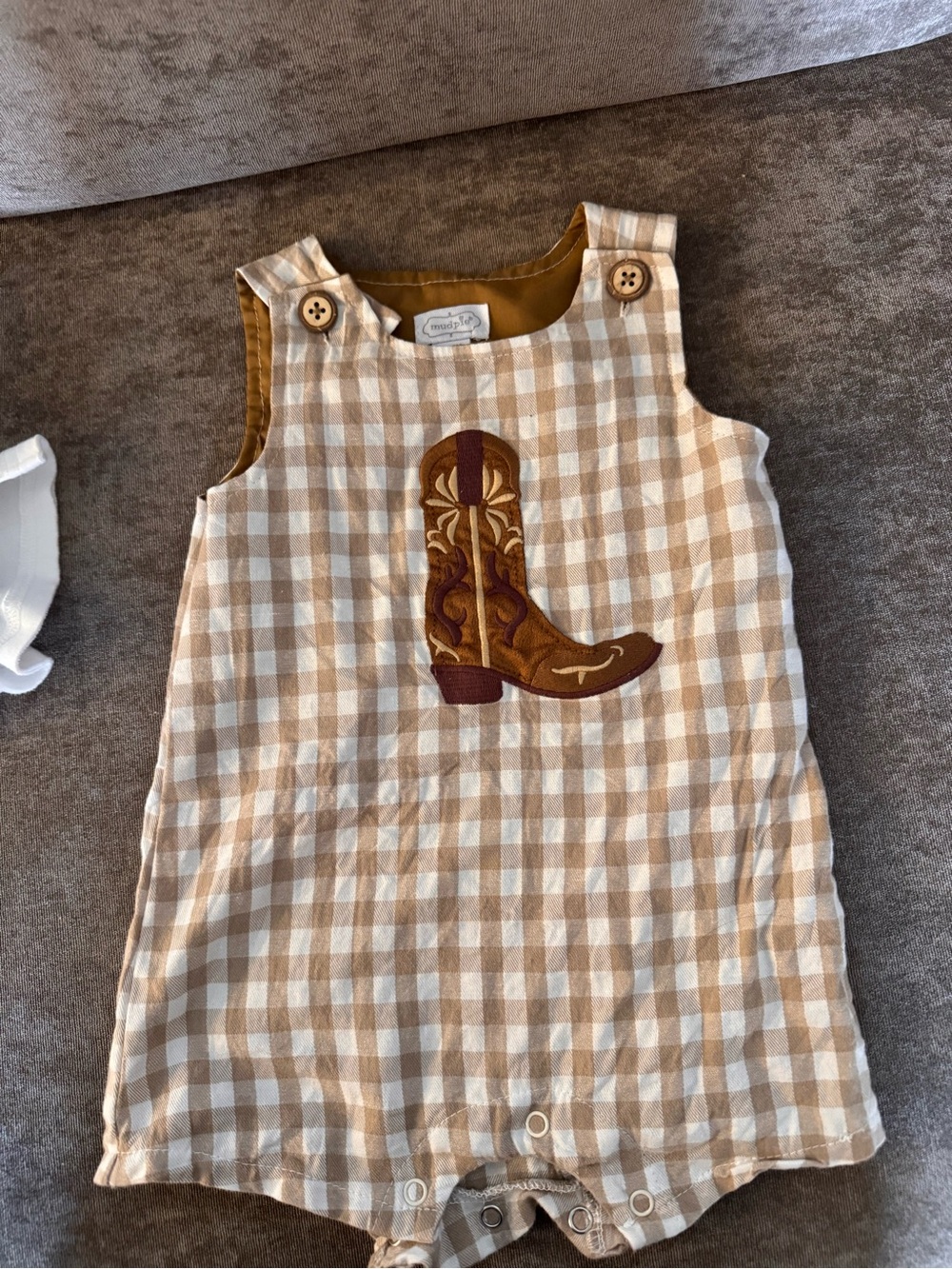 Gingham Cowboy Boot Baby Romper - Mudpie from Altar’d State Kids (Tullabee)